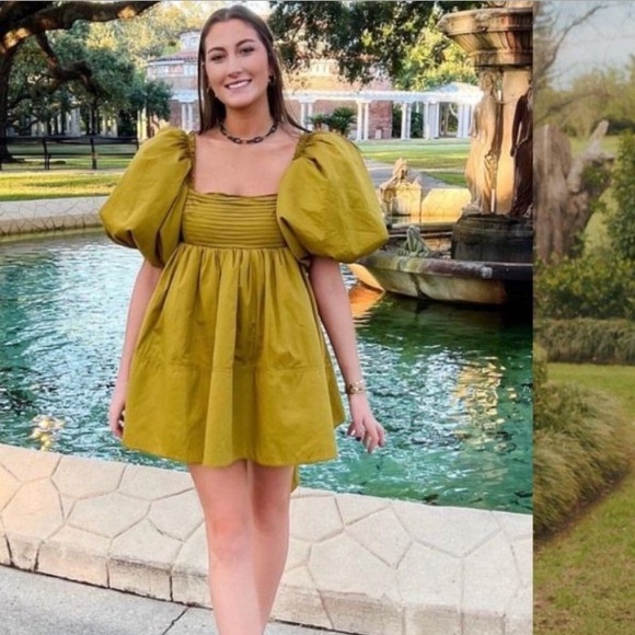 Good Luck Gem Lime Slime Green Tier Ruffle Square Neck Balloon Puff Sleeve Dress - Picture 14 of 15